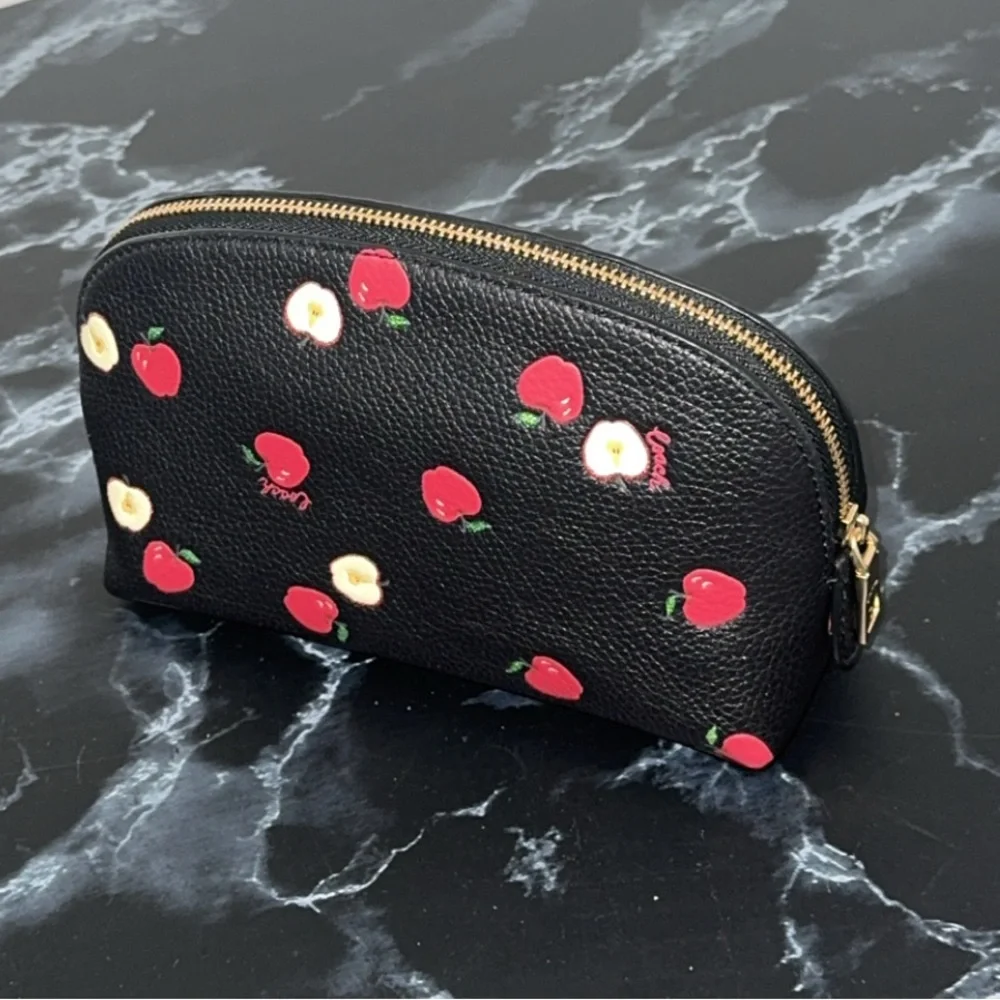 Coach Black Red Cosmetic Leather Bag Clutch Case with Red Apple Print AUTHENTIC